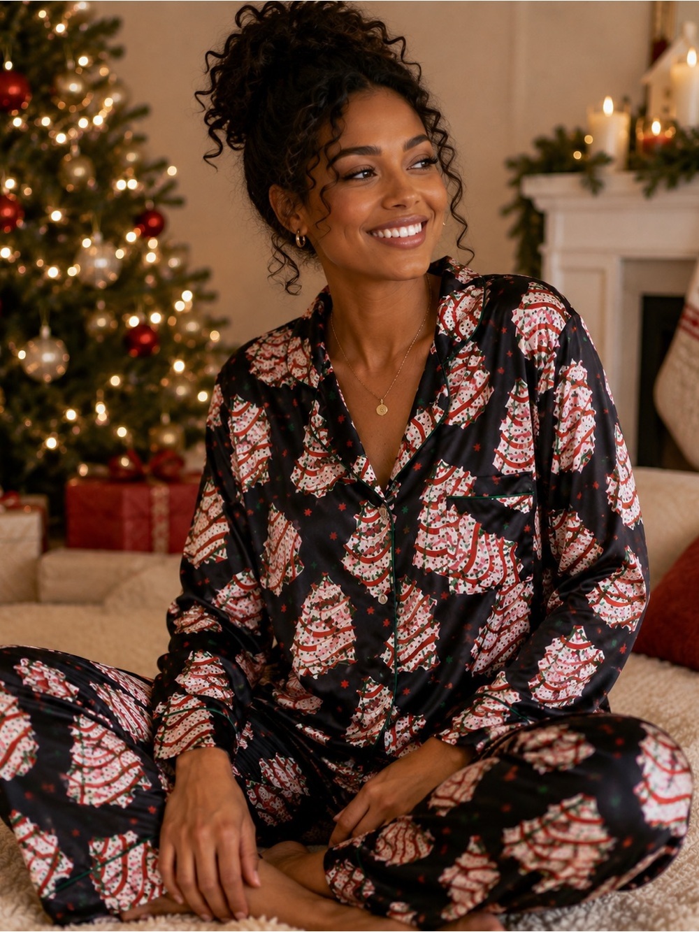 Sheshow Christmas Tree Print Satin Pajama Set Long Sleeve Button Front NWT